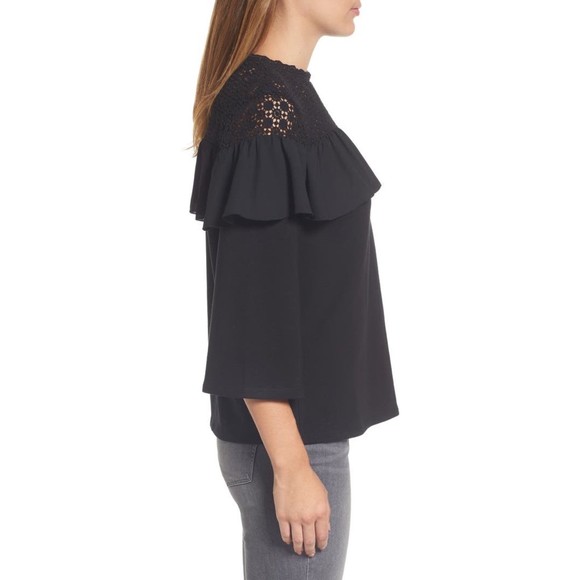 EUC Halogen Black Lace Yoke Ruffle Top with Bell Sleeves- Size XS - Picture 3 of 6